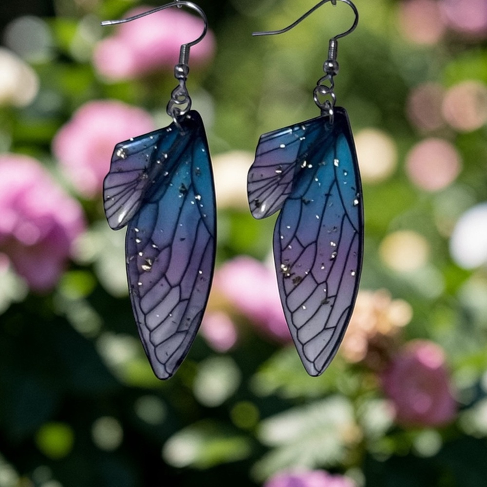 2/15 🩵 Handmade Resin Sterling Silver Gold Foil Butterfly Wing Earrings 💜